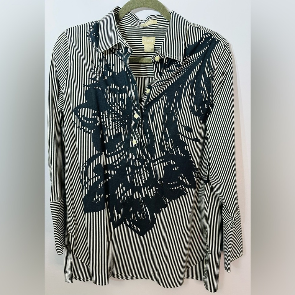 Chicos Navy stripe / floral button down shirt - no iron - women’s size 2/Large